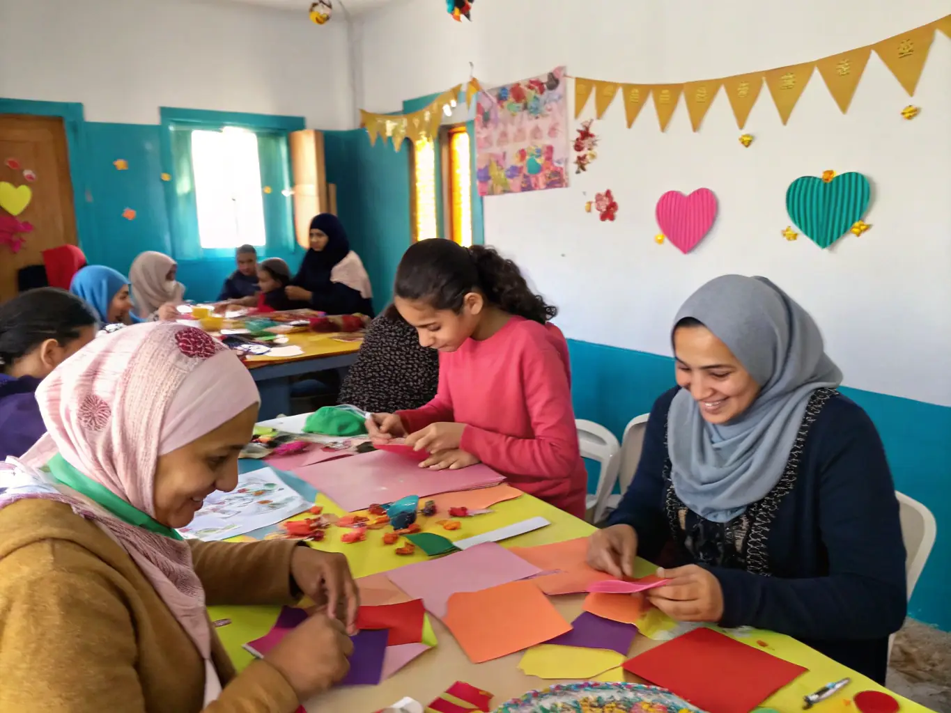 A workshop session with children and adults engaging in traditional ostrich feather crafting. The workshop is taking place in a bright and airy room, with tables set up for the participants to work on their crafts.