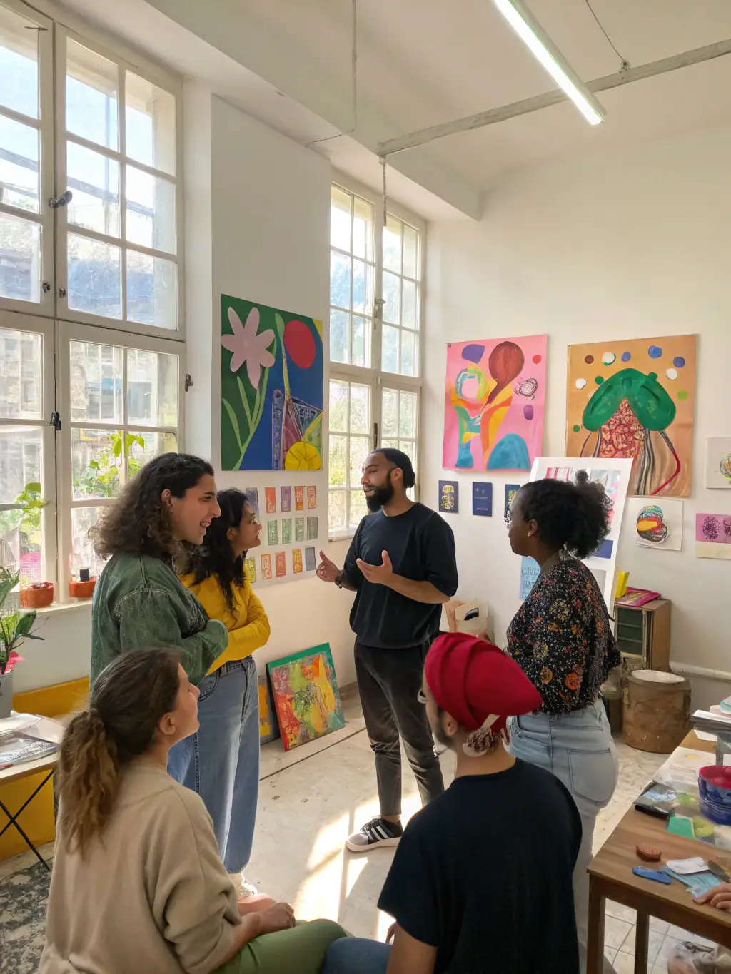 A photograph of artists working on their projects during an artist residency at La Cabanne Indi-Go, capturing the creative atmosphere and cultural exchange.