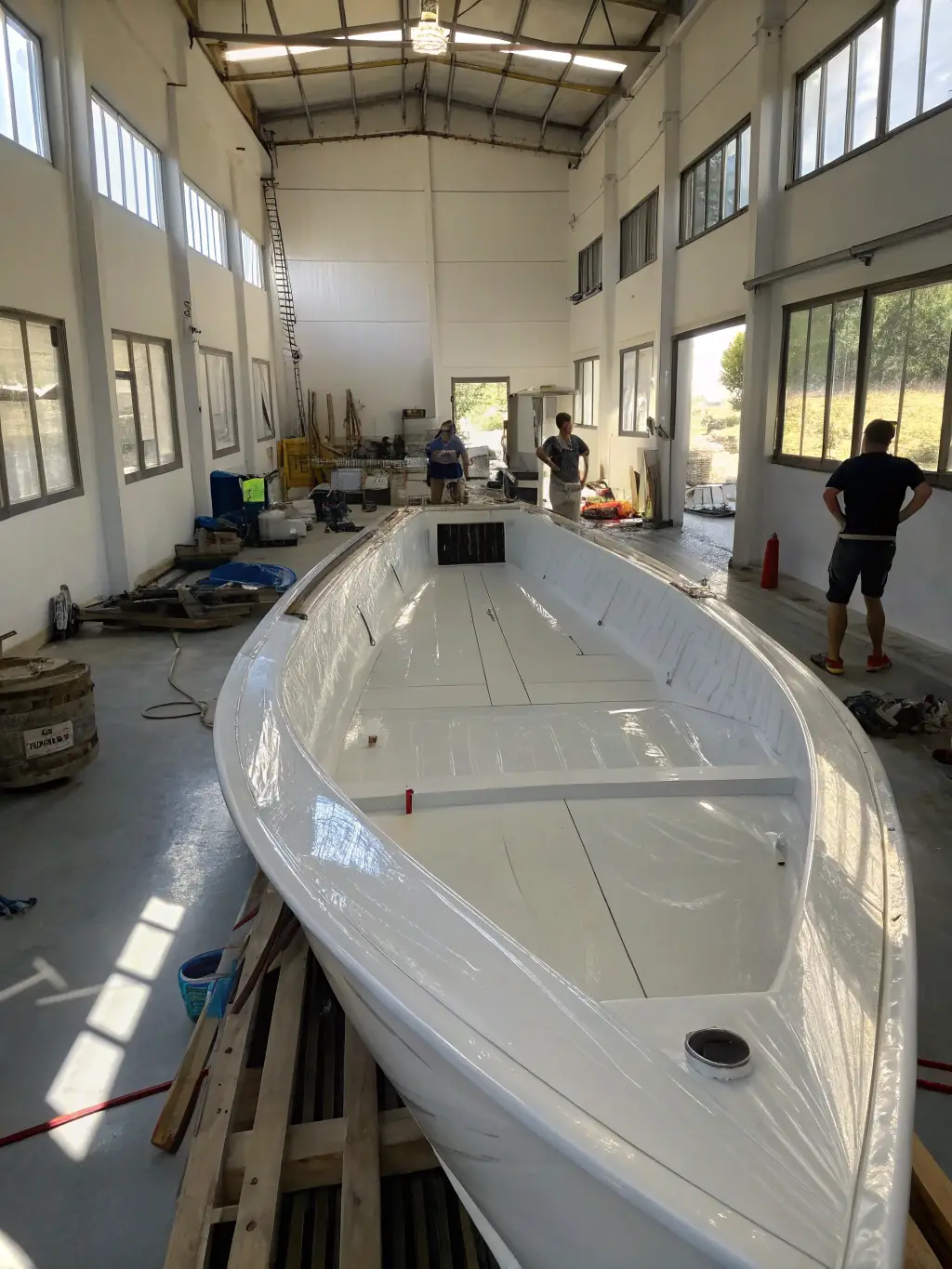 A photograph of participants actively engaged in a traditional boat-building workshop at La Cabanne Indi-Go, showcasing hands-on learning and preservation of maritime skills.